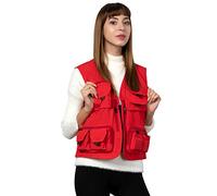 Women's Mesh Breathable Openwork Jouralist Photographer Fishing Vest Waistcoat Travel Jacket Coat With Pockets, Red, Medium