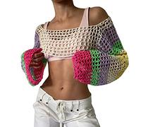 Womens Mesh Crochet Crop Tops See Through Sexy Y2K Long Sleeve Hollow Out Cropped Knit Sweaters Quick Dry Lightweight Summer Casual Beach Bikini Cover Ups