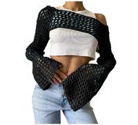 Women's Mesh Crochet Crop Tops Shrugs Sexy Y2k Hollow Out Cropped Knit Sweater See Through Bikini Cover Ups Black