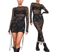 Womens Mesh Dress Ruched Glitter Long Sleeve Bodycon Sexy See Through Clubwear Rave Outfits, Glitter Black, S