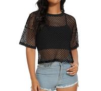 Women's Mesh Fishnet Top See Through Cover Up Short Sleeves T Shirts Sheer Blouse, A Black, L