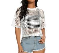 Women's Mesh Fishnet Top See Through Cover Up Short Sleeves T Shirts Sheer Blouse, A White, S