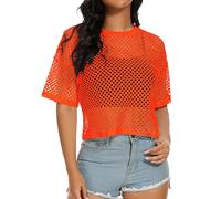 Women's Mesh Fishnet Top See Through Cover Up Short Sleeves T Shirts Sheer Blouse, Bright Orange, XXL