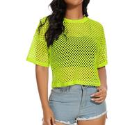 Women's Mesh Fishnet Top See Through Cover Up Short Sleeves T Shirts Sheer Blouse, Neon Green, S