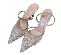 Women's Mesh Floral Embroidered Slingback Heels with Pointed Toe Lace Heeled Sandals Kitten Bridal Wedding Party Sandals Shoes,Apricot,8 UK