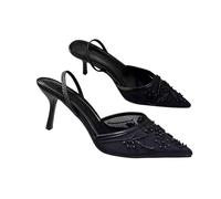 Women's Mesh Floral sandals Embroidered SlingbackBride's Wedding High Heels Female Pointed Toe Slingback Slippers,black,8 UK