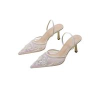 Women's Mesh Floral sandals Embroidered SlingbackBride's Wedding High Heels Female Pointed Toe Slingback Slippers,White,3 UK
