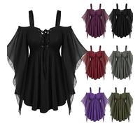 Womens Mesh Gothic Dress Short Sleeve Midi Length Dresses Ladies Vintage Halloween Costume Medieval Renaissance Irregular Hem Dress Goth High Waist Dresses V-Neck Victorian Bodycon Skirt Army Green