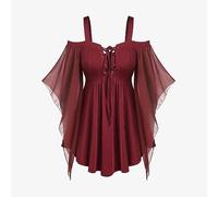 Womens Mesh Gothic Dress Short Sleeve Midi Length Dresses Ladies Vintage Halloween Costume Medieval Renaissance Irregular Hem Dress Goth High Waist Dresses V-Neck Victorian Bodycon Skirt Red