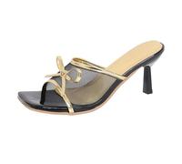 Women's Mesh Heeled Mules Square Toe Sandals with Bow Detail Elegant Slip On Stiletto Heels for Party Wedding Evening Wear Breathable Summer Shoes Gold