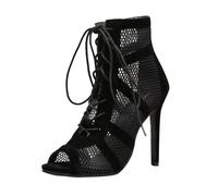 Womens Mesh High Heel Sandals 7CM Lace Up Fashion Boots Style Breathable Open Toe Elegant Summer Heeled Footwear for Party Evening Holiday Walking, 01-Black, 38