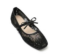 Women's Mesh Lace Ballet Flats - Floral Embroidered Tie (Black,4)