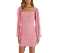 Women's Mesh Long Sleeve Dress Square Neck Ruched Mini Bodycon Dress Stretch Party Cocktail Dresses (pink, XS)