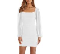 Women's Mesh Long Sleeve Dress Square Neck Ruched Mini Bodycon Dress Stretch Party Cocktail Dresses (White, L)
