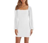 Women's Mesh Long Sleeve Dress Square Neck Ruched Mini Bodycon Dress Stretch Party Cocktail Dresses (White, XL)