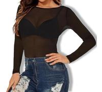 Women's Mesh Long Sleeves, See-Through Sexy Tops, Sexy Clothing, T-Shirts, Slim-Fitting Tops for Women, Mesh Clothing is Cool and Breathable When Going Out and Sexy at Home Black