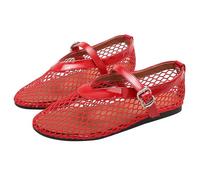 Women's Mesh Mary Jane Flats Breathable Fishnet Ballet Pumps with Adjustable Buckle Strap Comfortable Lightweight Summer Walking Shoes Casual Pointed Toe Slip On Dolly Shoes Red