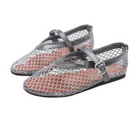 Women's Mesh Mary Jane Flats Breathable Fishnet Ballet Pumps with Adjustable Buckle Strap Comfortable Lightweight Summer Walking Shoes Casual Pointed Toe Slip On Dolly Shoes Grey