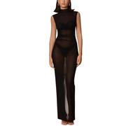 Women's Mesh Maxi Dress Sleeveless Mock Neck Solid Slim Sheer Party Dress | Elegant Transparent Bikini Cover Up Beach Dress with Back Slit, Sexy Black Bodycon Dresses for Night Going Out Date