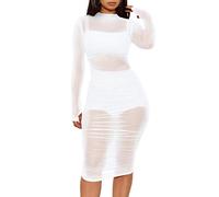 Women's Mesh Sheer Bikini Cover Ups Long Sleeve See Through Bodycon Mini Dress Beachwear (White 3pcs Set, Medium)