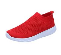 Womens Mesh Slip On Walking Shoes Breathable Knit Trainers Lightweight Comfort Loafers Casual Working Shoes for Ladies Girls Red 5.5