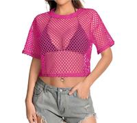 Women's Mesh Top Fishnet T Shirts Sheer Loose Short Sleeve See Through Crop Tops, Rose, S