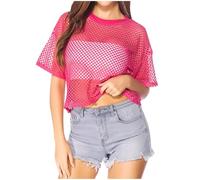 Womens Mesh Top Sexy Fishnet Covering Smock Crop Top Solid Color Short Sleeve T Shirt Neon Clothes Crew Neck Fancy Dress Disco Retro Rave Outfits Women Carnival Dance Costume