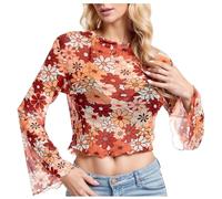 Women's Mesh Tops Transparent Top, Boho Flowers Hippie 70s Blouses Turtleneck Bell Sleeve Tunic Floral Blouses for Women UK B L
