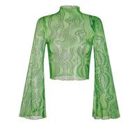 Women's Mesh Tops Transparent Top, Boho Flowers Hippie 70s Blouses Turtleneck Bell Sleeve Tunic Floral Blouses for Women UK Green L
