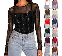 Womens Mesh Tops UK Ladies Sparkly Tops Sequin Lace Shirts Elegant Sparkle Glitter Long Sleeve Sexy See Through Blouses Casual Tee Shirts Party Club Night Blouse Y2K Clothes 2025 Outfits