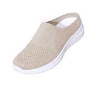 Womens Mesh Trainers Breathable Slip on Mules Sneakers Women Flat Wide Fit Orthopedic Mule Casual Running Shoes Ladies Wedge Walking Half Slippers Backless Lightweight Footwear (Khaki #1, 7.5)