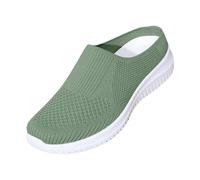 Womens Mesh Trainers Breathable Slip on Mules Sneakers Women Flat Wide Fit Orthopedic Mule Casual Running Shoes Ladies Wedge Walking Half Slippers Backless Lightweight Footwear (Green #1, 7.5)