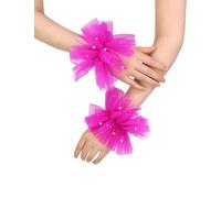 Women's Mesh Tulle Fingerless Gloves Short Pearl Glove Lace Arm Sleeves for Wedding Bridal Dance Party, Hot Pink, One Size