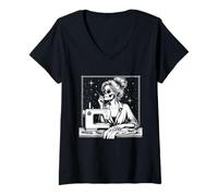 Womens Messy Bun Hair Skeleton Sewer Quilter Halloween Quilting V-Neck T-Shirt