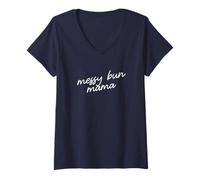 Women's Messy Bun Mama Minimalist Mom Script Phrase V-Neck T-Shirt