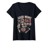 Women's Messy Bun Mom - Good Moms Say Bad Words Funny Skeleton V-Neck T-Shirt