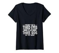 Womens Messy Bun Mom - Three Kids V-Neck T-Shirt