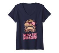Women's Messy BUN MUD Squad Mascara Run Mudding Family Muddy Sisters V-Neck T-Shirt