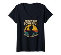 Womens Messy But Powerful Getting Stuff Done Retro Strong Women V-Neck T-Shirt