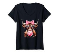 Womens Messy Coquette Highland Cow Cute Pink Bow Bubble Gum Glasses V-Neck T-Shirt