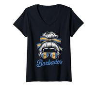 Womens Messy Hair Bun Barbados Girl Barbadian Bajan Flag Barbados V-Neck T-Shirt