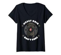 Womens Messy Hair Don't Care Bouvier Dog Owner Puppy Dog Lover V-Neck T-Shirt