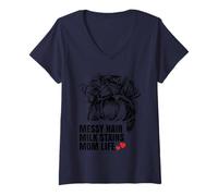 Womens Messy Hair Milk Stains Mom Life Funny Motherhood V-Neck T-Shirt