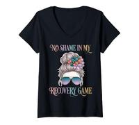 Women's Messy Hair No Shame Recovery Game Drinking Sober Humor Sober V-Neck T-Shirt