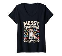 Women's Messy Training Great Dog Funny Puppy Lover V-Neck T-Shirt