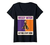 Women's Messy Witch Getting Stuff Done Pinup Halloween V-Neck T-Shirt