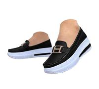 Women's Metal Chain Leather Loafers Patchwork Color Platform Wedge Sole Non Slip Supportive Soft Insole Vintage Casual Shoes Office Work Vacation Picnic Outdoor Daily Walk Footwear Black
