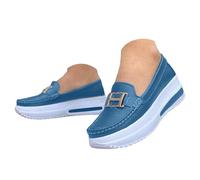 Women's Metal Chain Leather Loafers Patchwork Color Platform Wedge Sole Non Slip Supportive Soft Insole Vintage Casual Shoes Office Work Vacation Picnic Outdoor Daily Walk Footwear Light Blue