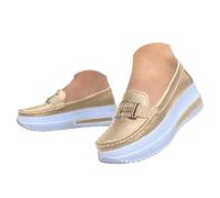 Women's Metal Chain Leather Loafers Patchwork Color Platform Wedge Sole Non Slip Supportive Soft Insole Vintage Casual Shoes Office Work Vacation Picnic Outdoor Daily Walk Footwear Gold