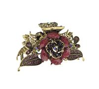 Womens Metal Wedding Bridal Bride Party Prom Birthday Strong Gold Tone Vintage Look Rose Flower Hair Accessory Up Do Octopus Bulldog Claw Grip Clamp Clip Plum Pink